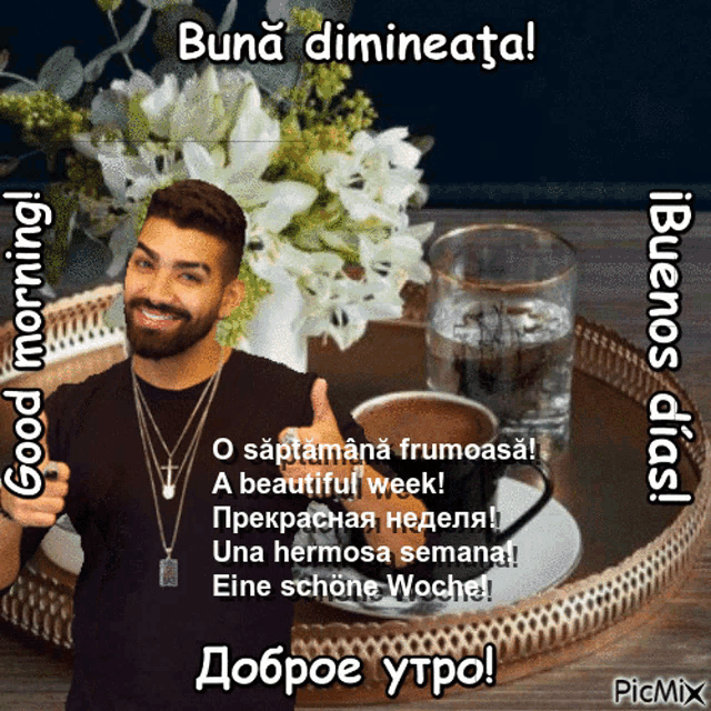 a man giving a thumbs up next to a cup of coffee on a tray
