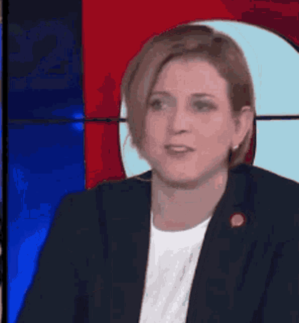 a woman in a suit and white shirt is sitting in front of a red , white and blue background .