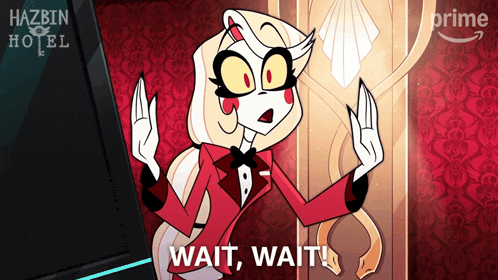 a cartoon character says wait wait in front of a red wall