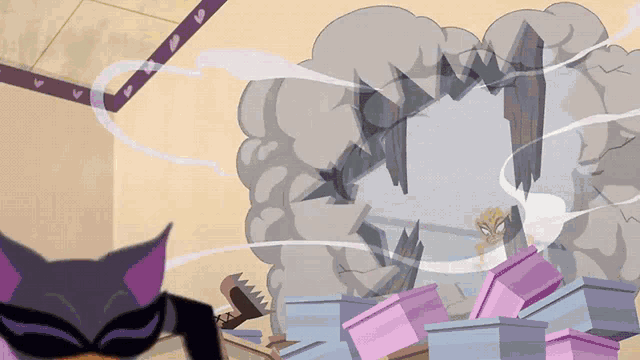 a cartoon drawing of a cat with a mask and a pile of pink boxes
