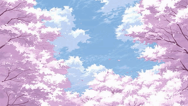 a painting of a cherry blossom tree with a blue sky in the background .