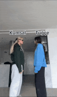 two women are standing next to each other with kumsal and tugce written on the bottom