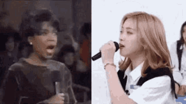 a woman is singing into a microphone next to a woman holding a microphone .