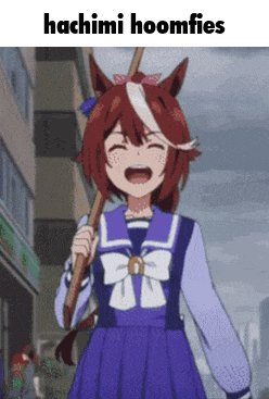 a picture of a girl with a horse 's head and the words hachimi hoomfies on the bottom
