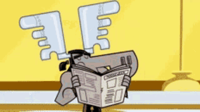 a cartoon character reading a newspaper with wings on his arms