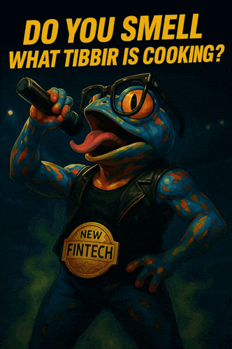 a frog singing into a microphone with a belt that says new fintech on it
