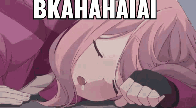 a girl with pink hair is laying on the ground with her eyes closed and a meme written above her .