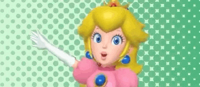 princess peach is wearing a pink dress and white gloves and waving her hand .