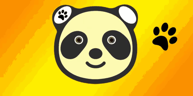 a panda bear with a paw print next to it on a yellow background