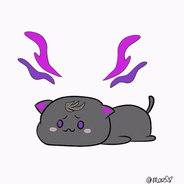 a cartoon drawing of a cat with purple wings and a crown on its head