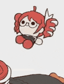 a cartoon of a girl with red hair and glasses is flying through the air .