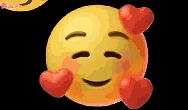 a yellow smiley face with two red hearts on its cheeks on a black background .