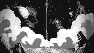 a black and white pixel art illustration of a rocket taking off into space .