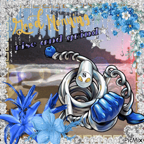 a picture of a robot with the words rise and grind