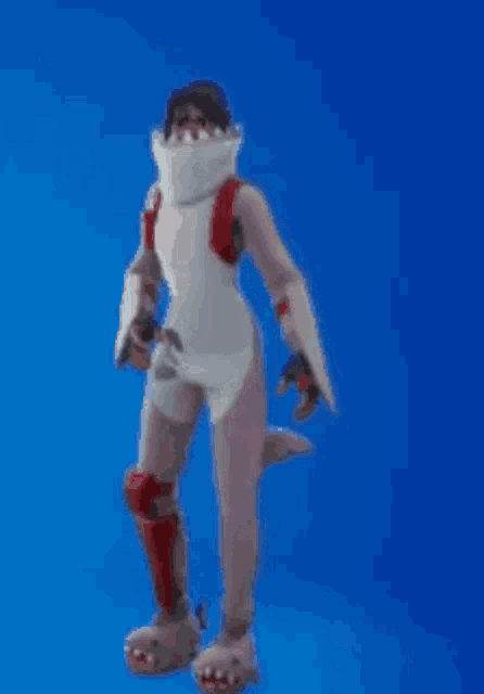 a cartoon character is standing on a blue background wearing a white and red outfit .