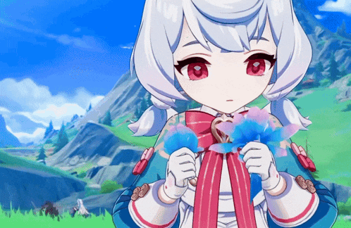 a girl with white hair and red eyes is holding a flower in her hands