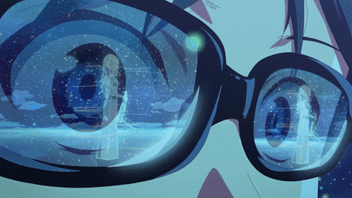 a person wearing glasses with a reflection of a girl in the lenses