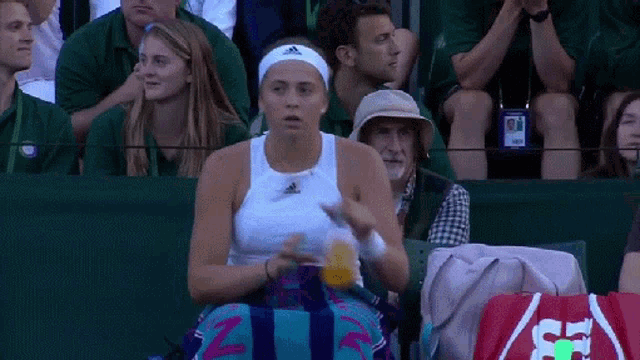 a woman wearing an adidas headband is sitting in the stands