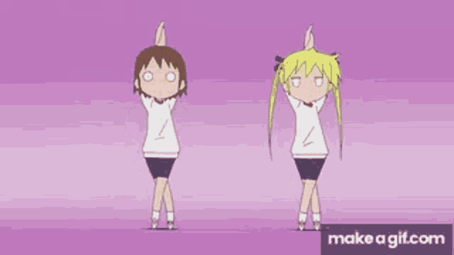 two cartoon girls are doing a yoga pose on a pink background .