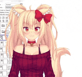 a girl with blonde hair and a red bow in her hair is wearing a red sweater