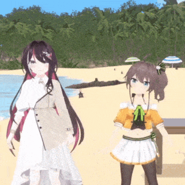 two anime girls standing on a sandy beach with palm trees in the background