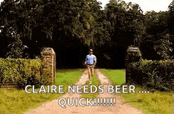 a man is walking down a dirt road with the words claire needs beer quick .