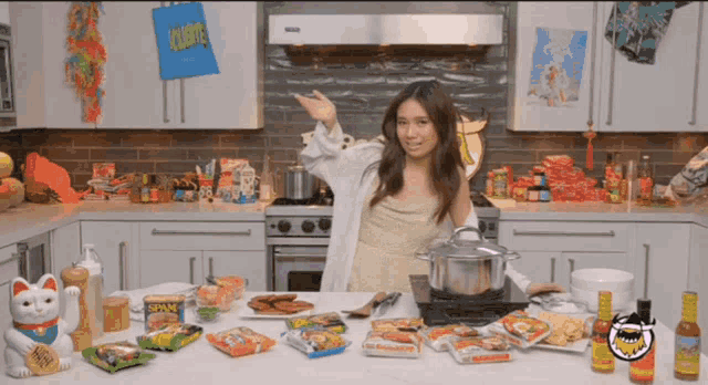a woman cooking in a kitchen with a bag that says ' hawaii ' on it