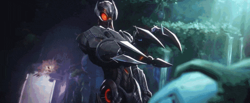a robot is holding a sword in a dark forest .