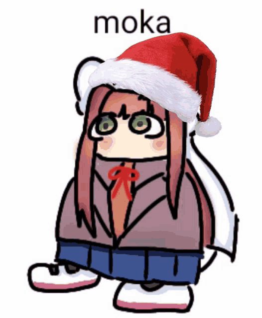 a cartoon drawing of a girl wearing a santa hat with the word moka below her