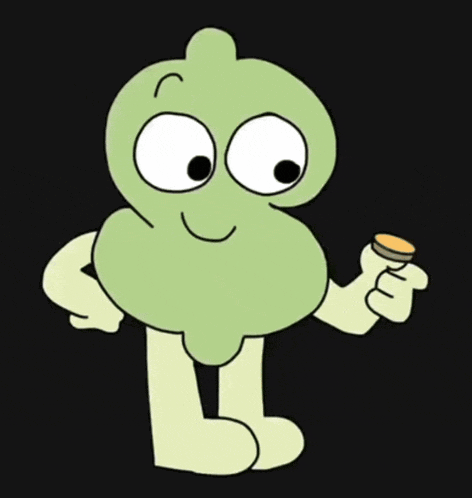 a green cartoon character is pointing at a coin