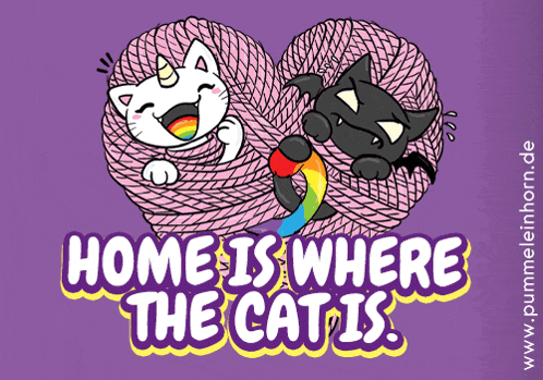 a poster that says home is where the cat is with a unicorn and a bat