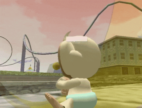 a baby in a diaper is playing a video game in front of a roller coaster
