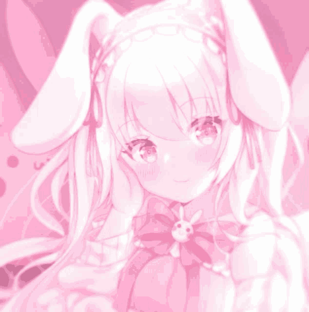 a pink anime girl with long white hair and bunny ears is wearing a pink dress .