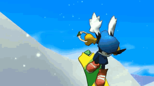 a cartoon character is snowboarding down a snow covered mountain