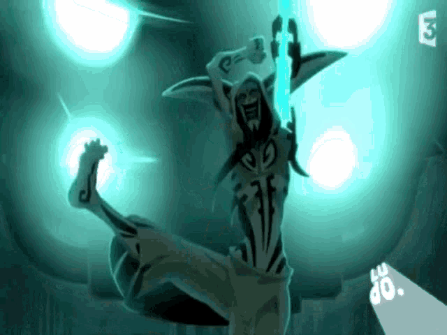 a cartoon character is holding a sword in a dark room with a glowing light behind him .