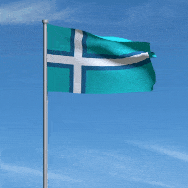 a blue and white flag is flying in the wind against a blue sky