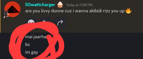a screenshot of a conversation between 50wattcharger mai jaarha and bc im gay