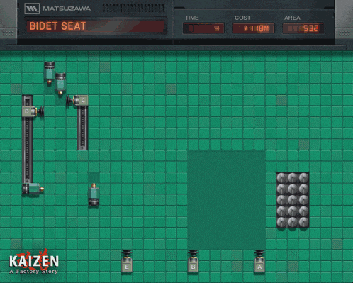 a video game called kaizen is being played on a green tile floor