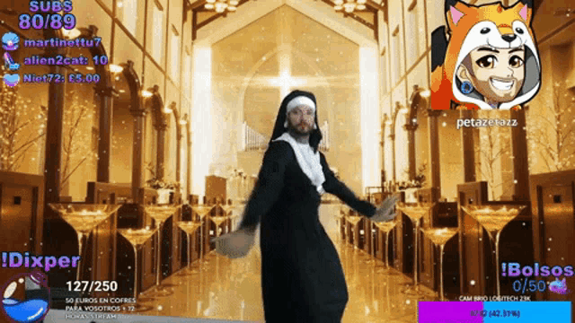 a man in a nun costume is dancing in front of a row of martini glasses
