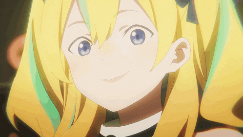a girl with yellow hair and blue eyes smiles for the camera