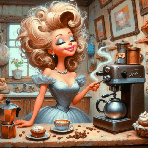 a cartoon drawing of a woman making coffee in front of a coffee maker