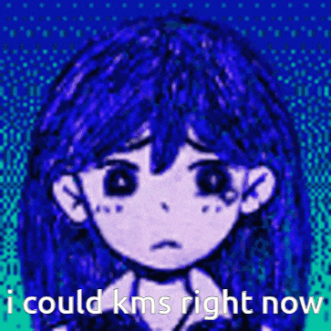a pixel art drawing of a girl with blue hair and black eyes with the words `` i could kms right now '' .