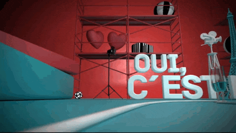 a sign that says " oui c'est " in front of a scaffolding