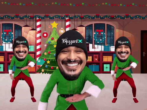 a man wearing a hat that says blizzard on it is dancing in front of a christmas tree
