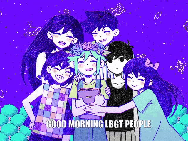 a group of anime characters are hugging each other with the caption good morning lbgt people
