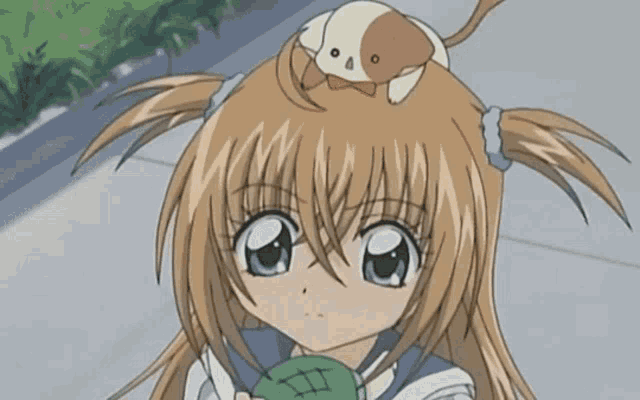 a girl with a dog on her head looks at something