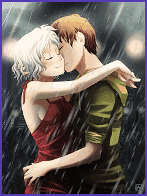 a girl in a red dress kisses a boy in a green hoodie