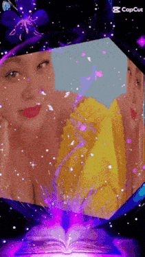 a woman in a yellow dress is surrounded by purple and blue flowers and a book
