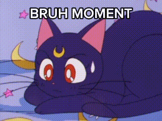 a cartoon cat with a crescent moon on its head is laying on a bed with the words bruh moment below it .