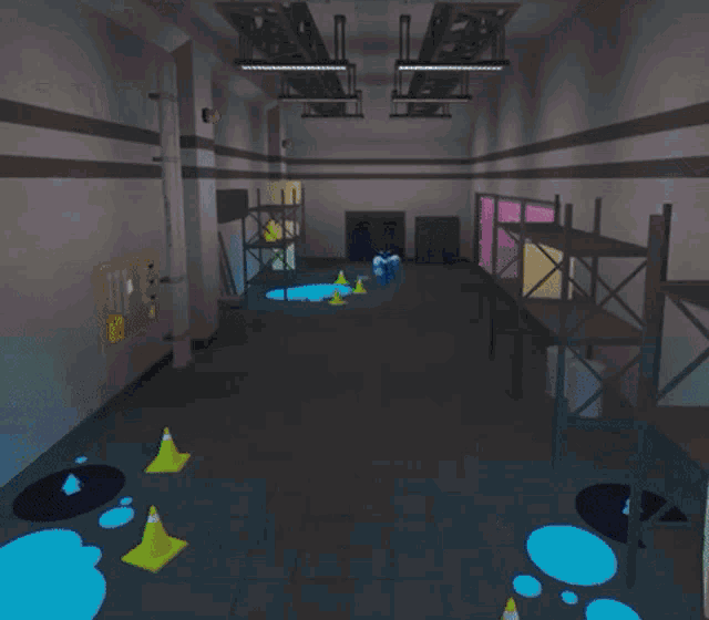 a cartoon police officer is standing in a dark room with a green light above his head .